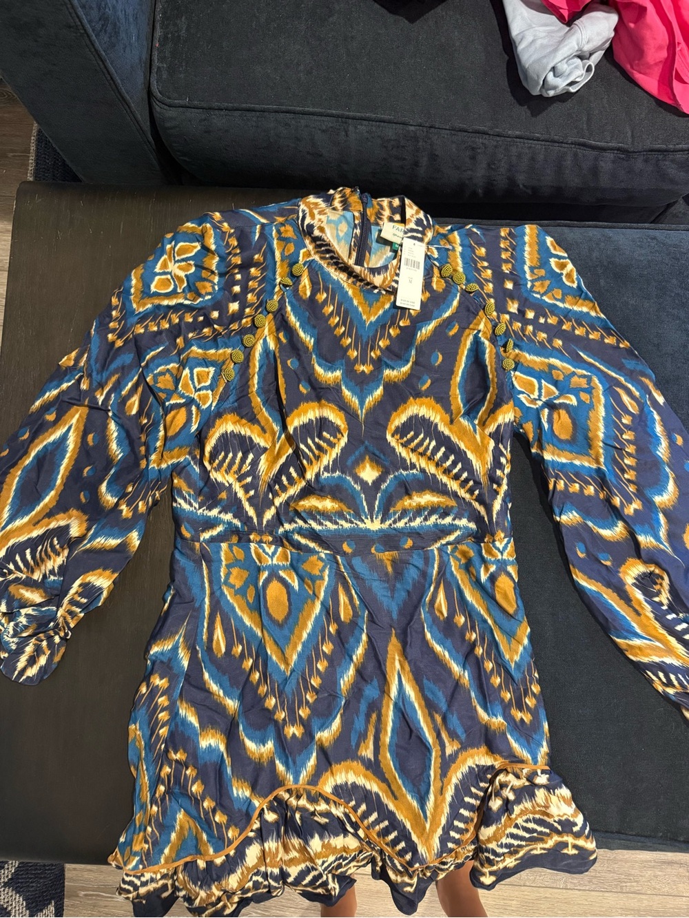 FARM Rio Blue and Mustard Ikat-Print Mini Dress
